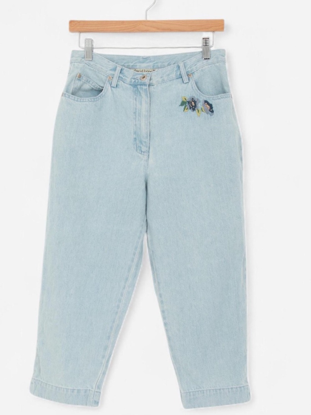 vintage 90s light blue denim floral embroidered capri pants size 10